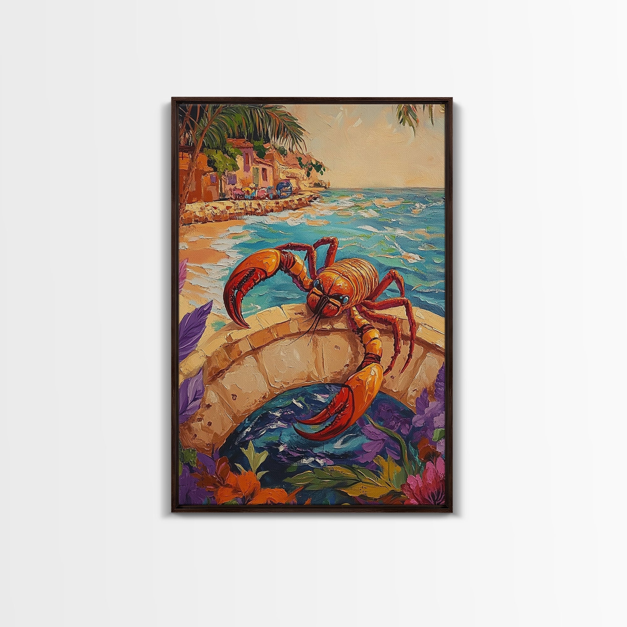 Lobster Art, Coastal Bridge, Tropical Scene, Nautical Style, Framed Canvas Print, lobster decor, beach cottage coastal art, bathroom print
