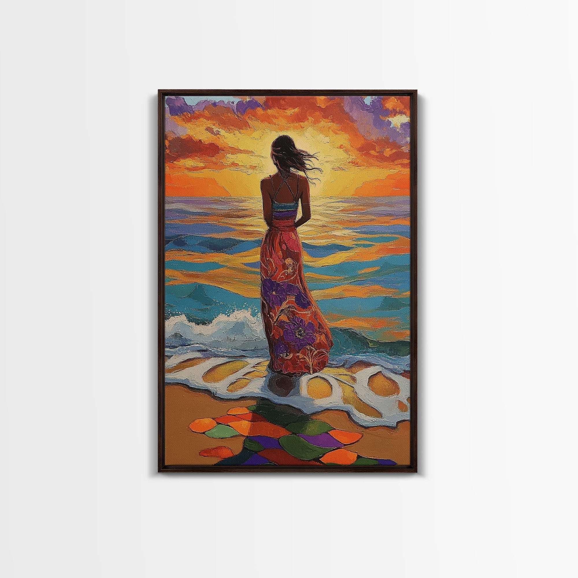 Sunset Beach Woman, Ocean Waves Art, Boho Coastal Decor, Tropical Wall Art, Canvas Print, Living Room Accent, Vibrant Beach Scene