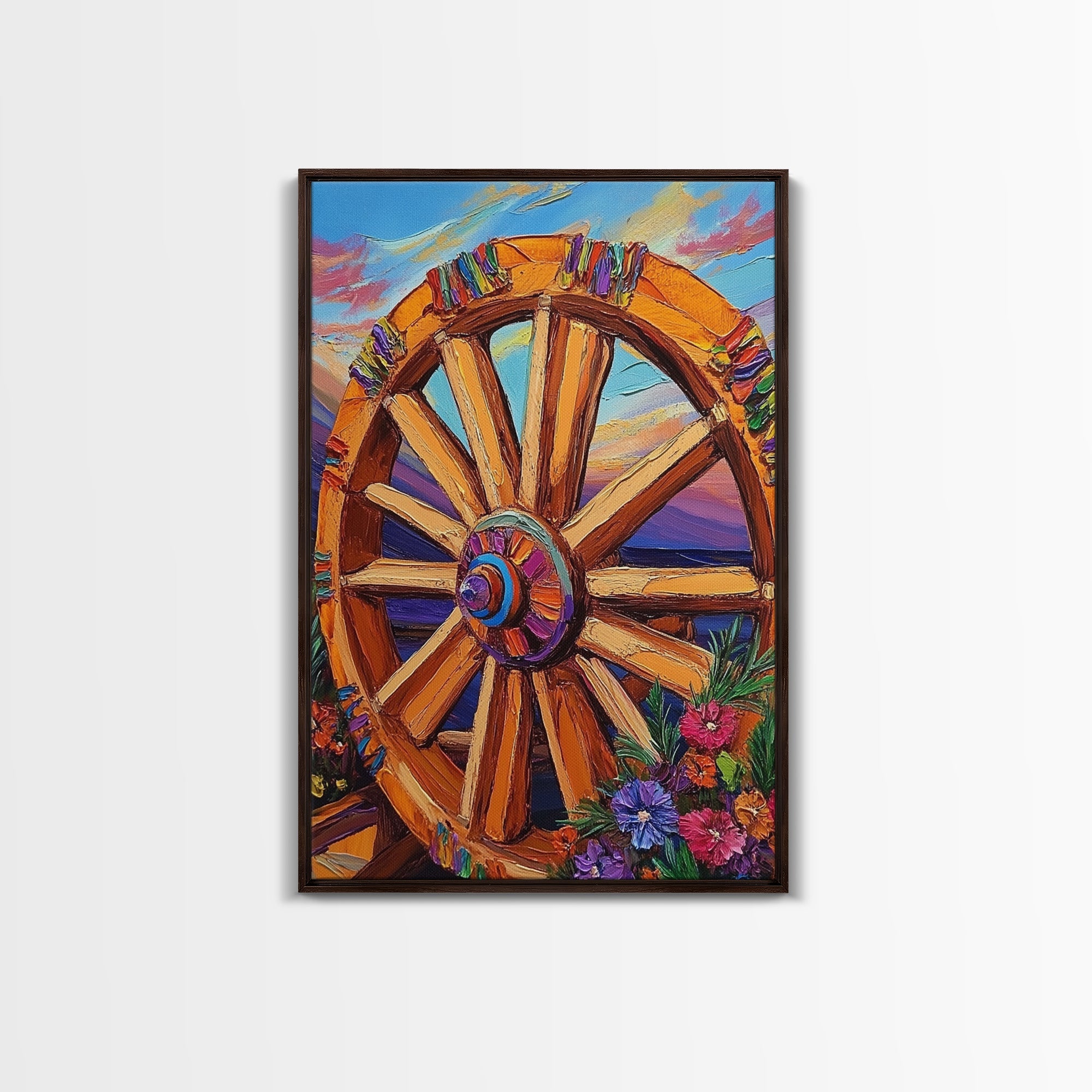 Colorful Wheel Art, Rustic Wall Decor, Western Vibes, Farmhouse Charm, Framed Canvas Print, Fall Decor, Country Living Room Wall Art
