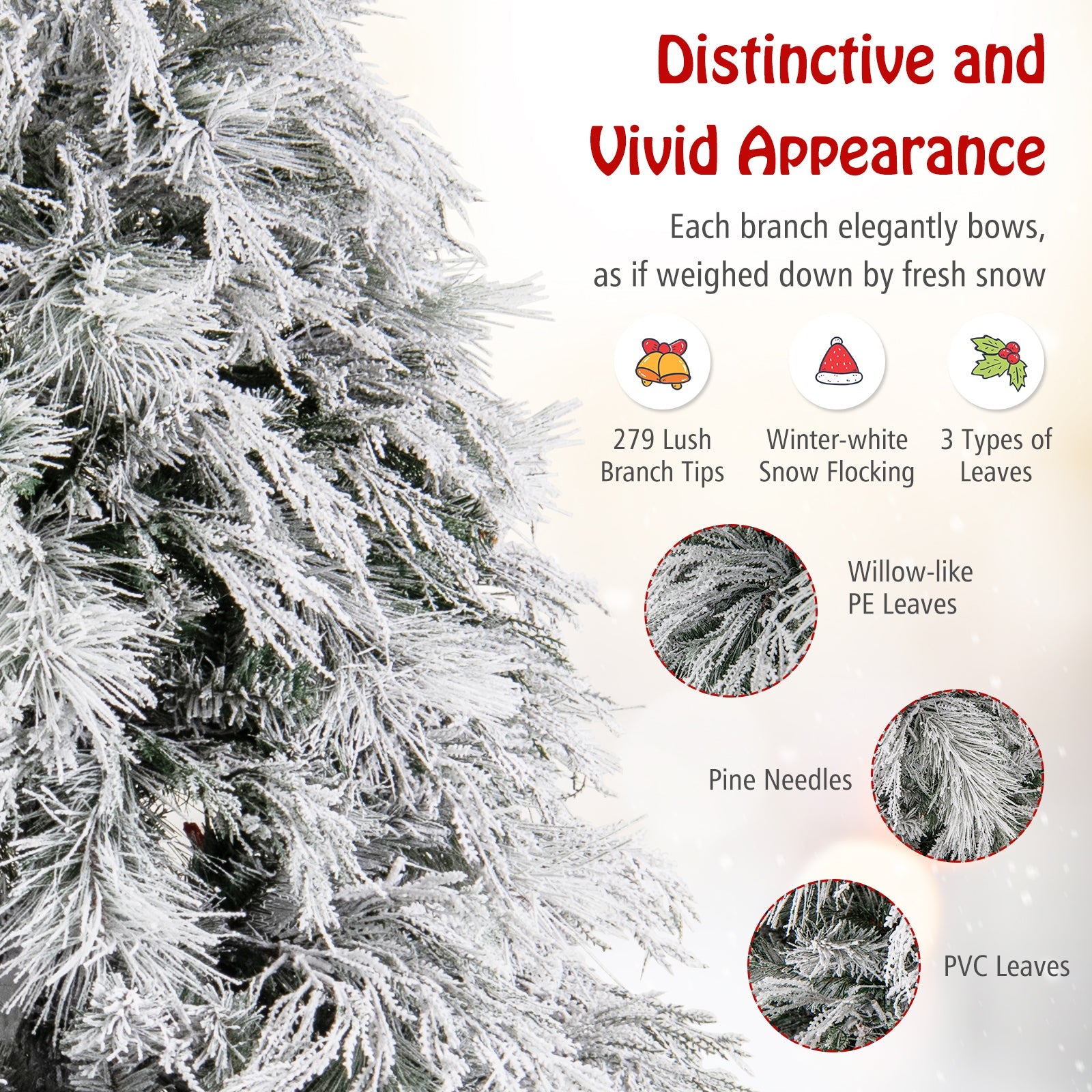 4.5/6/7 Feet Pre-Lit Snow Flocked Christmas Tree with Warm White LED Lights
