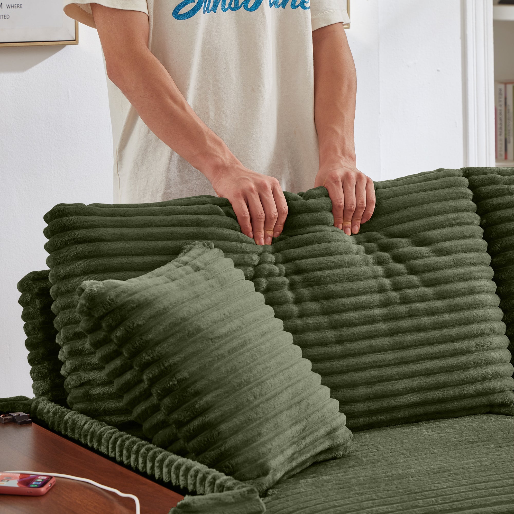 Sectional Sofa L-Shape Corduroy Green Storage Chaise 2 Ottomans USB 69 In