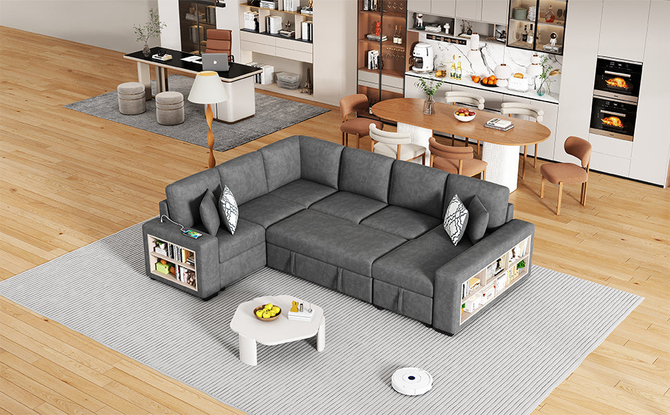 Sectional Sofa U-Shape Chenille Gray 5 Seat USB Ports Pull-Out 109 In