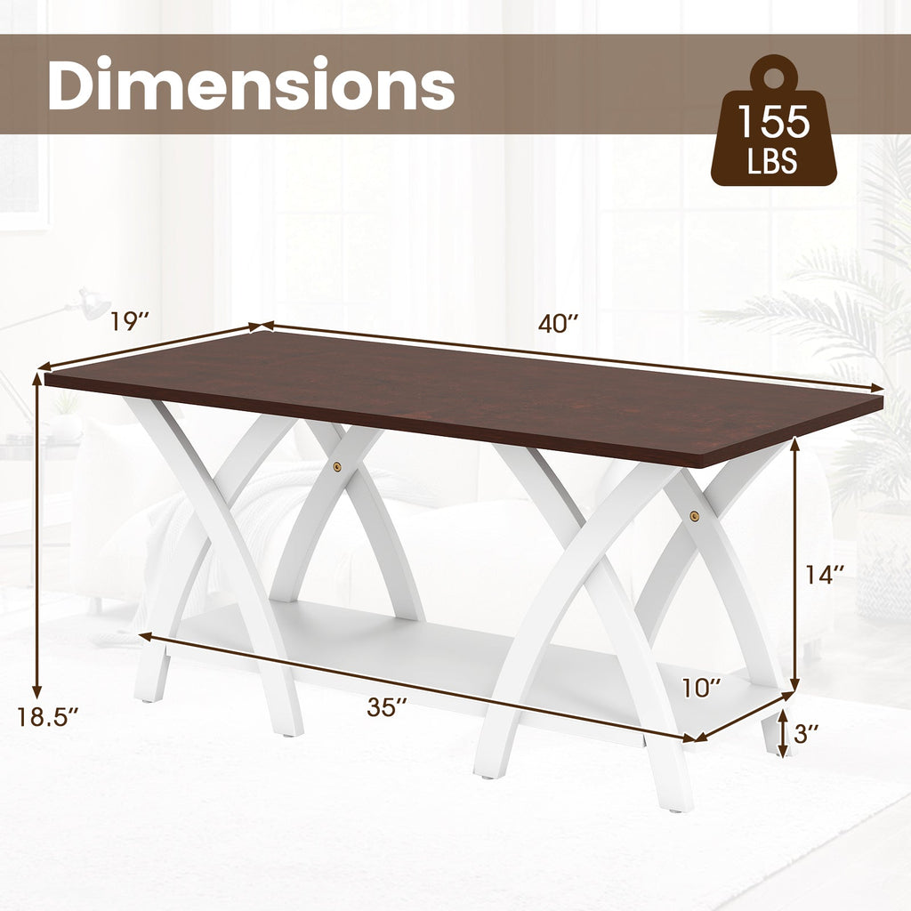 40 Inch Farmhouse Wooden 2-Tier Coffee Table with Storage Shelf for Living Room-Walnut