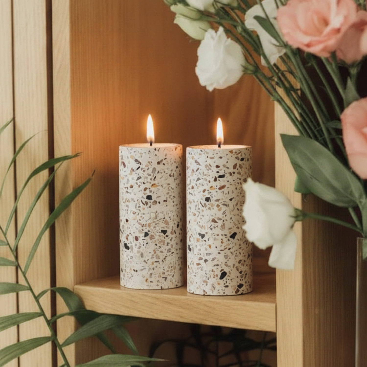 Set of Terrazzo Candle Holders for Shabbat with matching tray - Stone Glow Series
