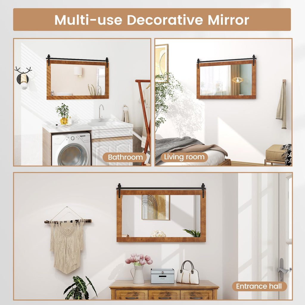 Rectangle Barn Door Style Wall Mounted Mirror with Solid Wood Frame