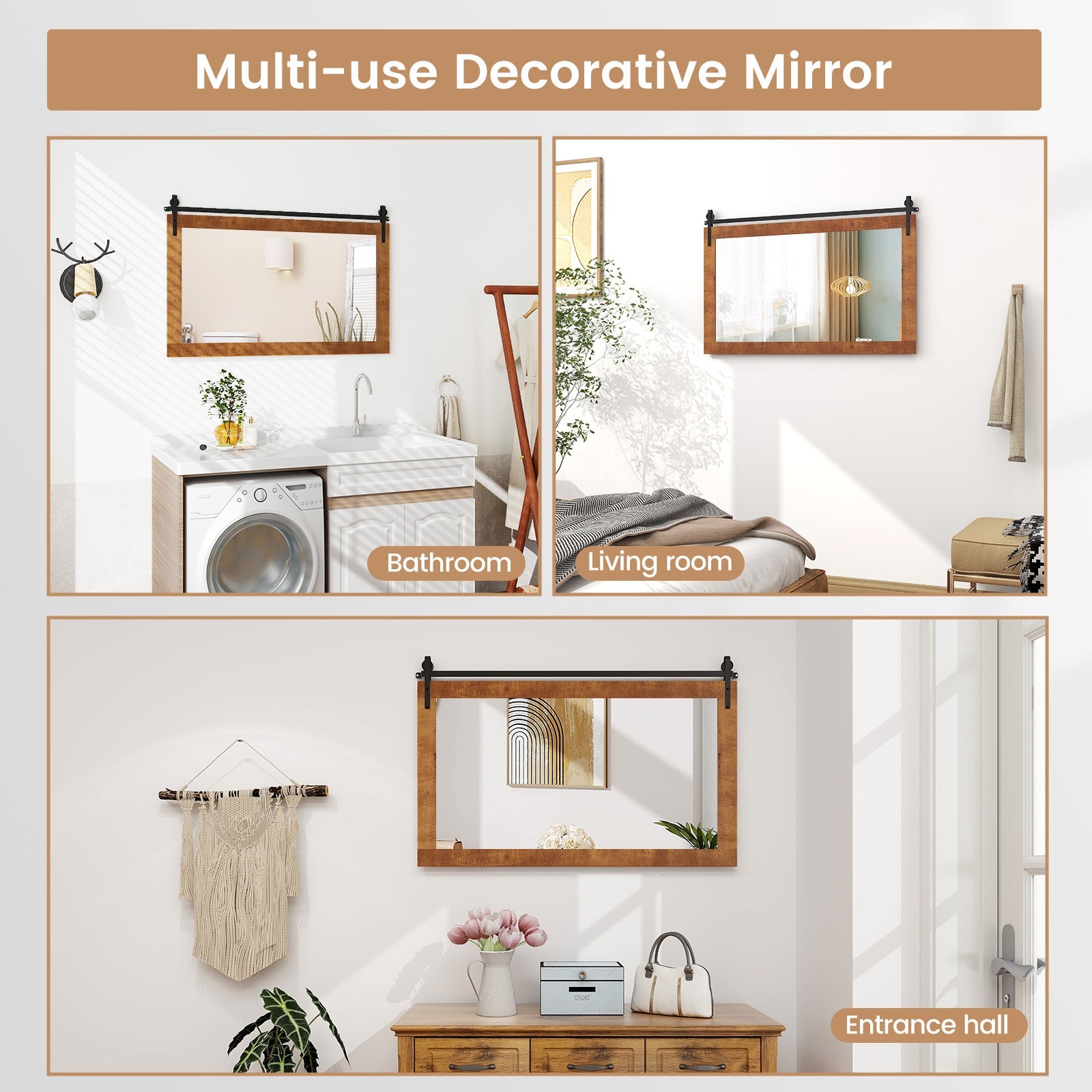 Rectangle Barn Door Style Wall Mounted Mirror with Solid Wood Frame