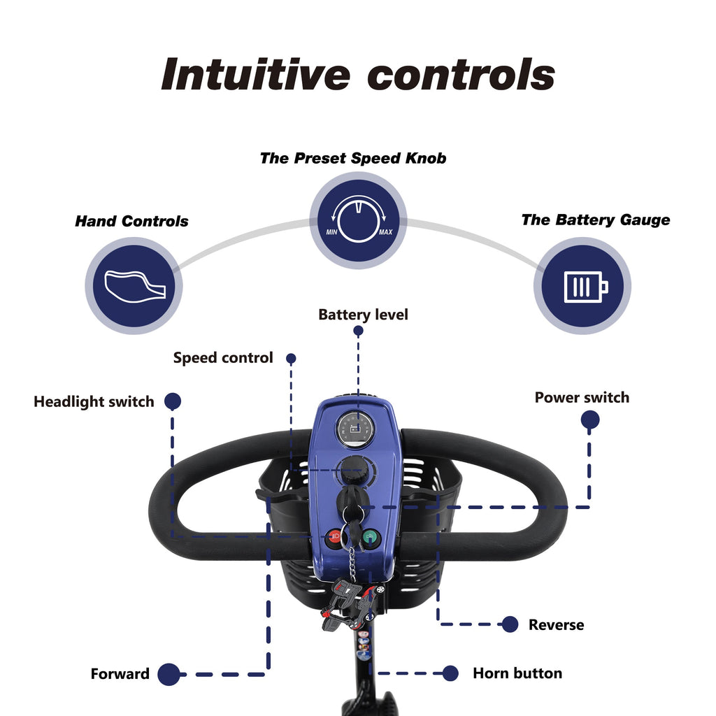 Mobility Scooter 4-Wheel Metal Blue 300 LB 10 Mile Basket Cup Holder 5 mph