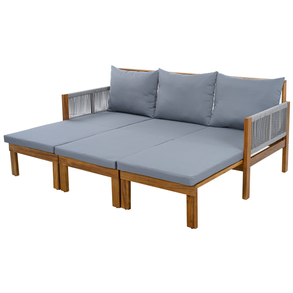 Chaise Lounge Acacia Wood Rope Natural Gray Cushion Convertible 3 Seat