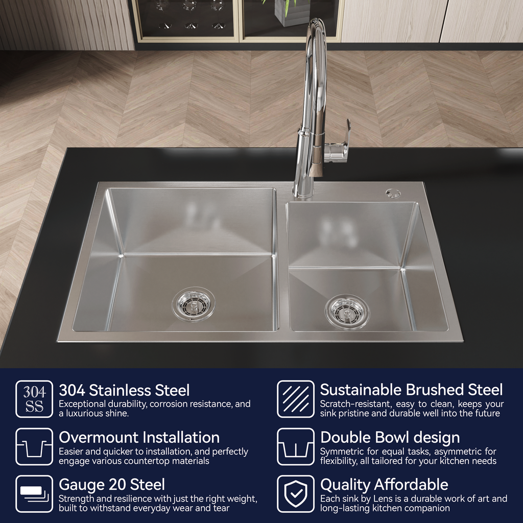 Stainless Steel Kitchen Sink, 32″x19″ Double Bowl in Brushed Nickel, Overmount Handmade Sink, with US Standard Drain and Hook, LS-SSBR03