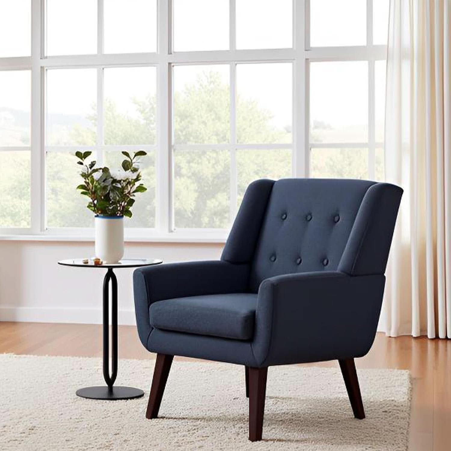 Dark Blue Linen Upholstered Tufted Midcentury Armchair