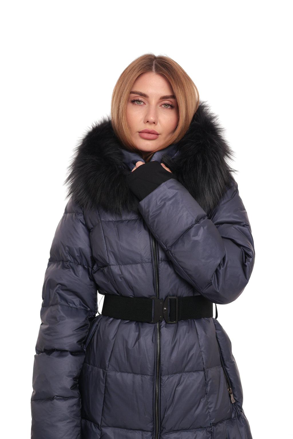 Cyrus Genuine Fur Trim Down Fill Coat in Navy