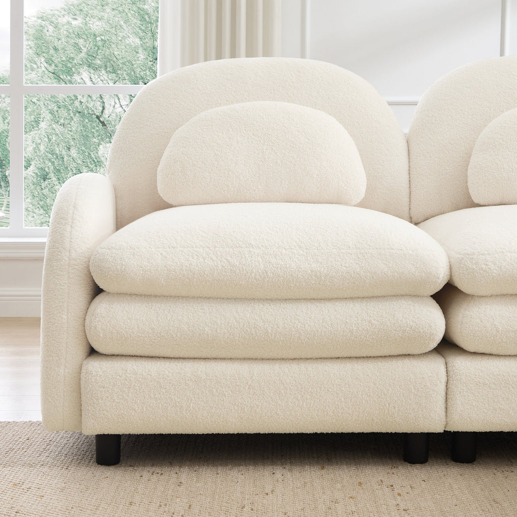 Sectional Sofa Modular Teddy Fleece Beige 4 Seat Curved Back with Ottomans
