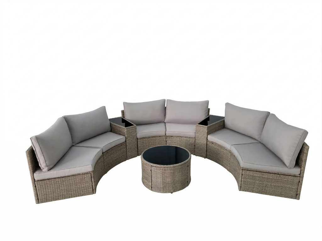 Outdoor Sectional Set PE Rattan Steel Light Gray Half Moon 9 Piece 380 LB