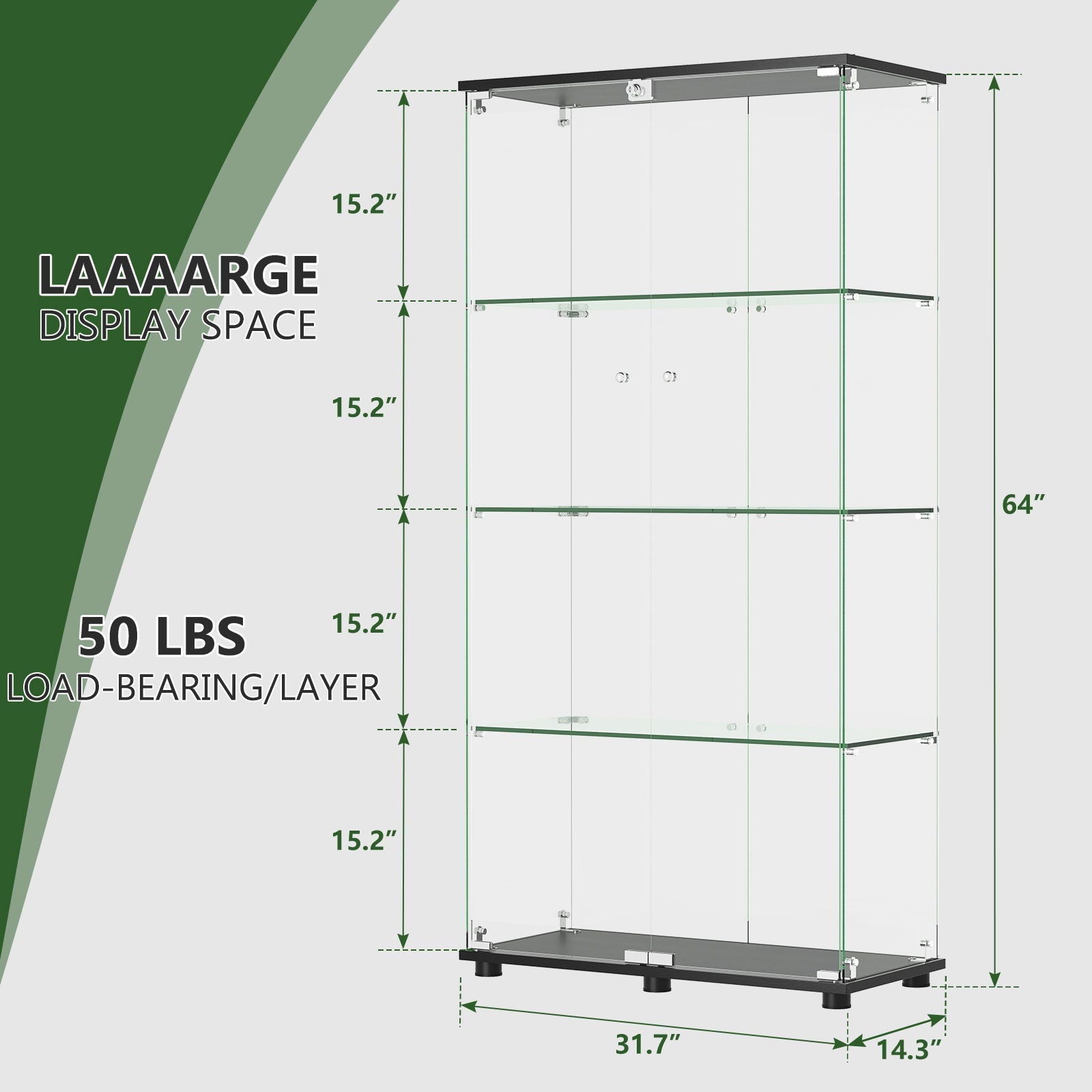 Modern Glass Display Cabinet With 4 Shelf Double Doors And Lock, Tempered Glass Bookshelf For Living Room - Black