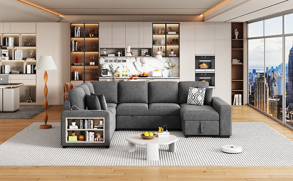 Sectional Sofa U-Shape Chenille Gray 5 Seat USB Ports Pull-Out 109 In