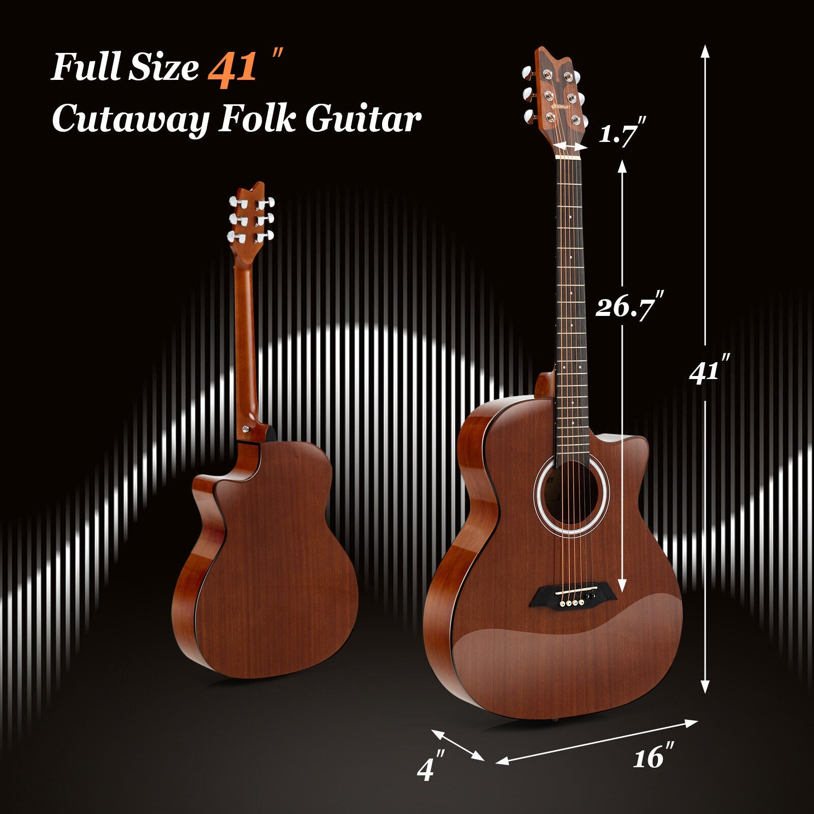 41 Inch Full Size Acoustic Guitar with Sapele Body Strap Picks