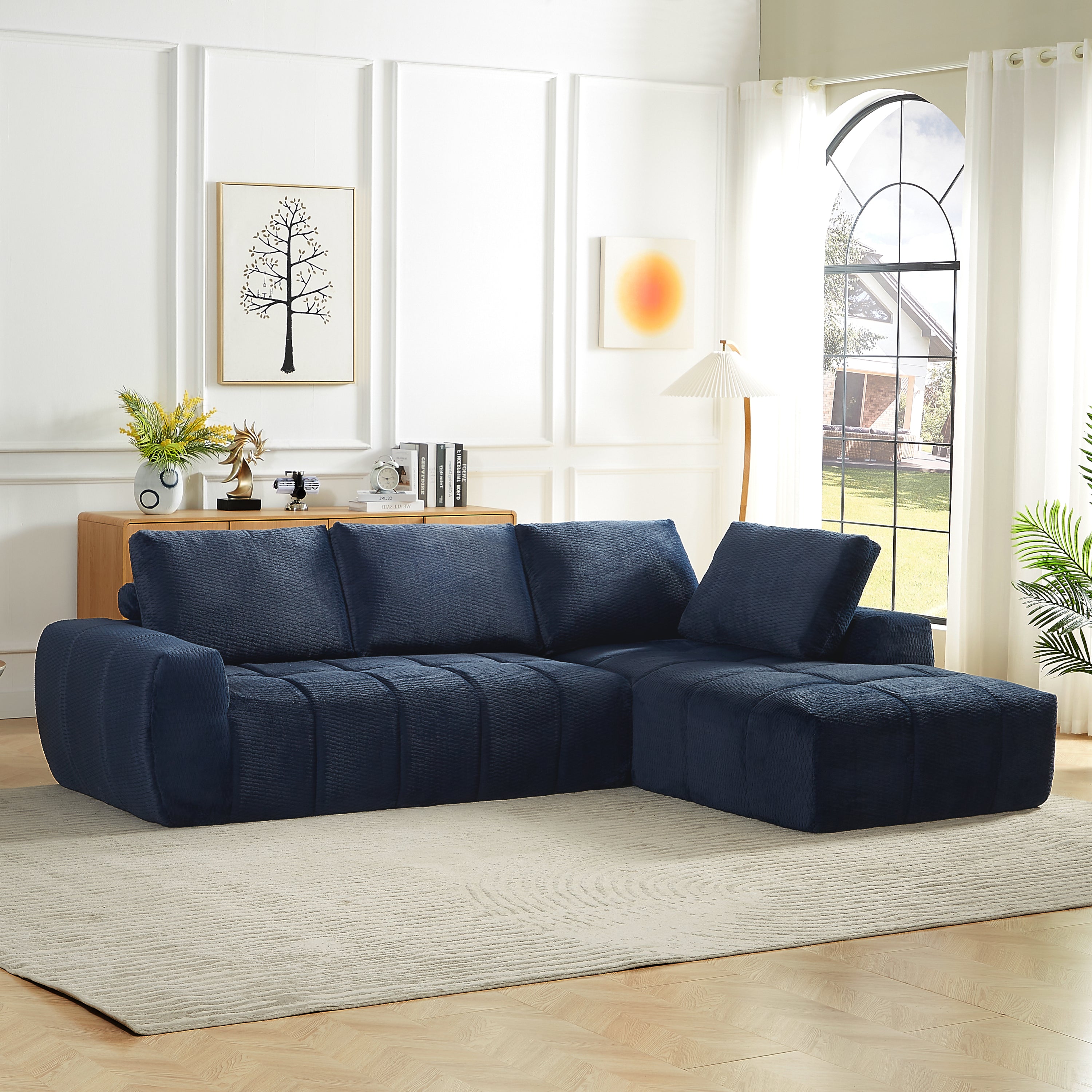 Sectional Sofa L-Shape Faux Fur Dark Blue 4 Seat Sleeper No Assembly