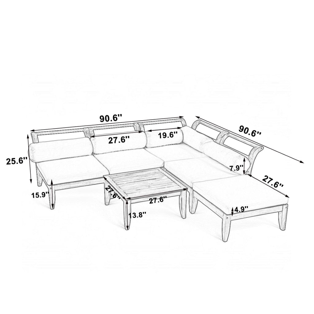 Outdoor Patio Set L-Shape Acacia Wood Teak Beige Cushions 6 Piece