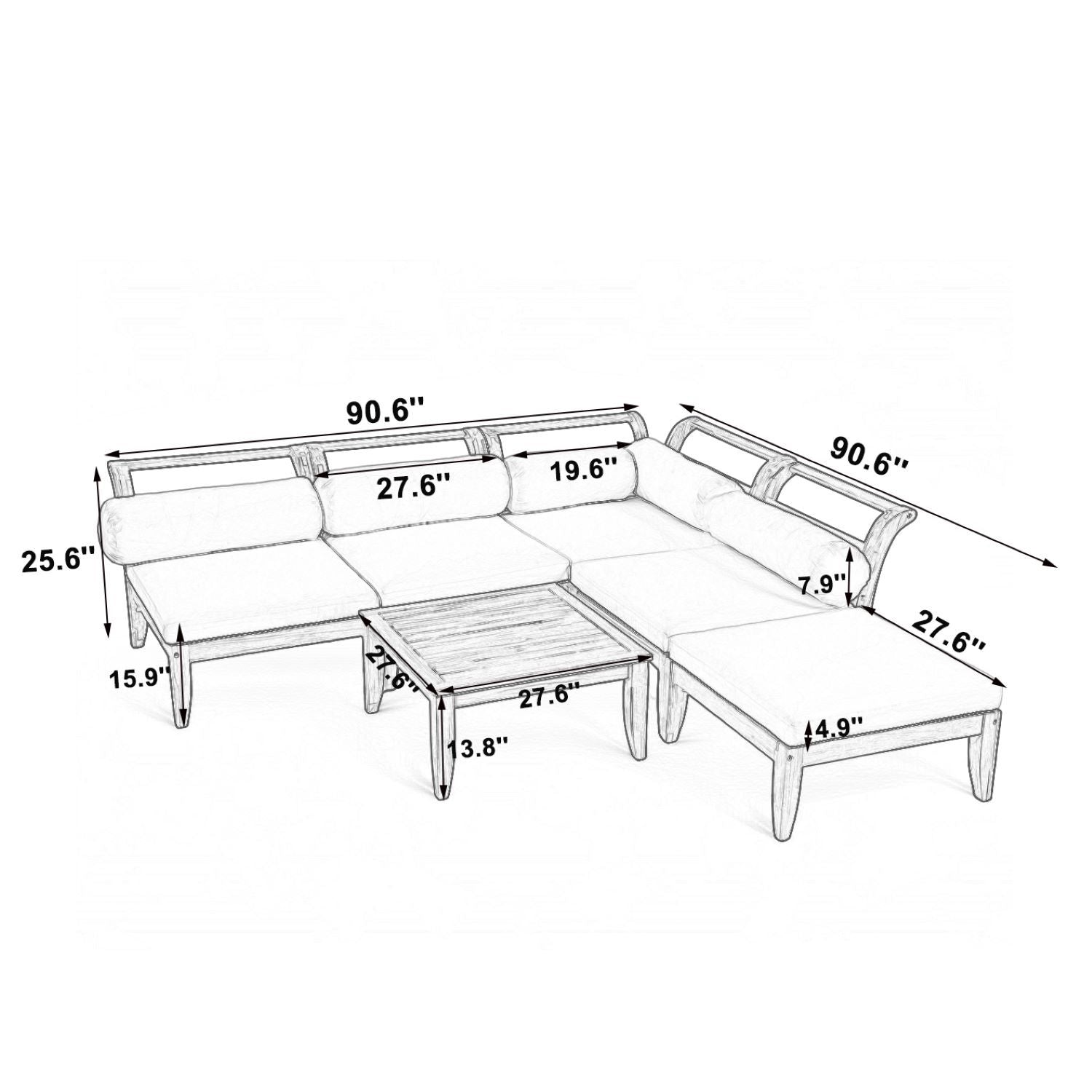 Outdoor Patio Set L-Shape Acacia Wood Teak Beige Cushions 6 Piece
