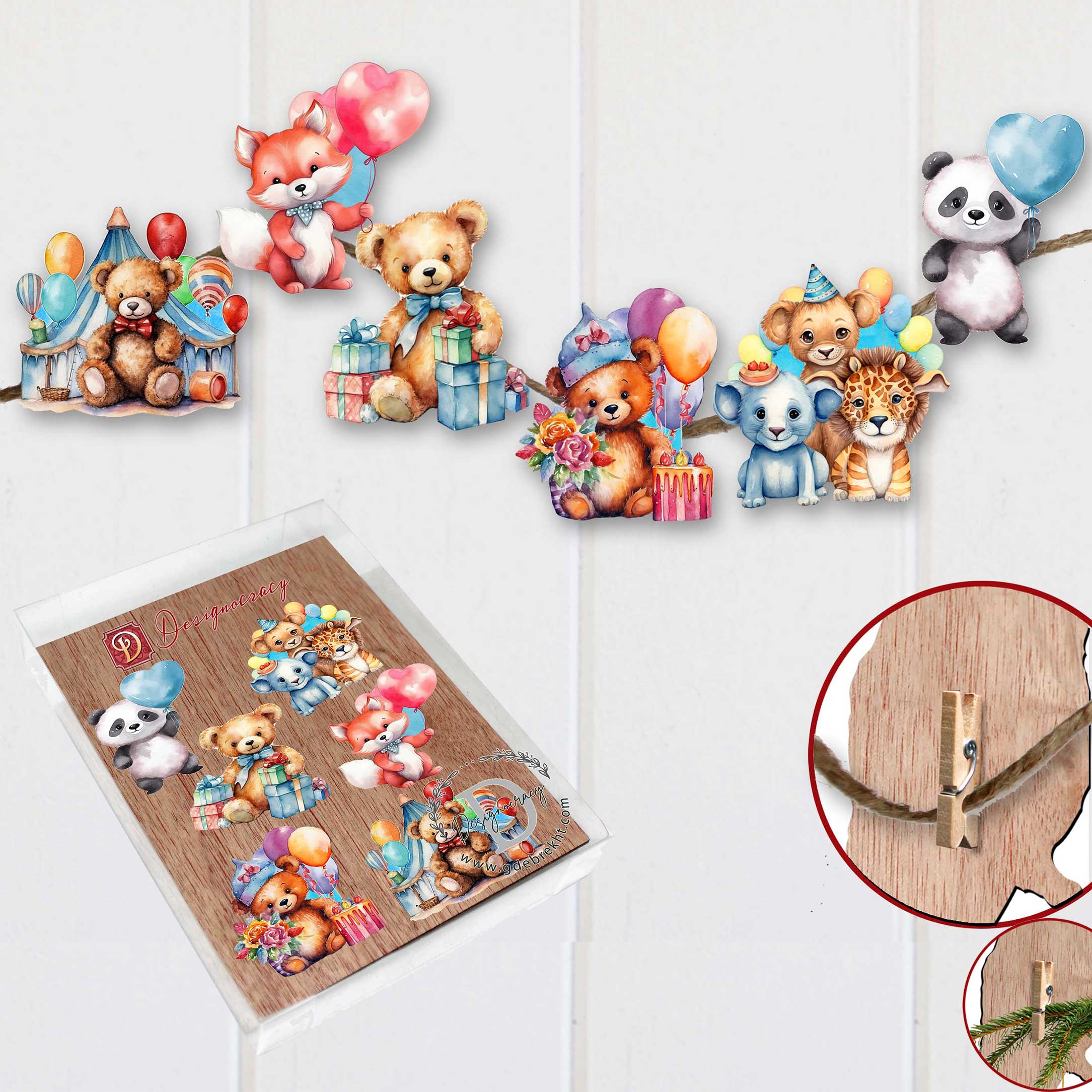 Happy Birthday Clip-On Eco Wood Decorative Ornaments Set of 6 by G. Debrekht - Christmas Decor - 8090035C-S6