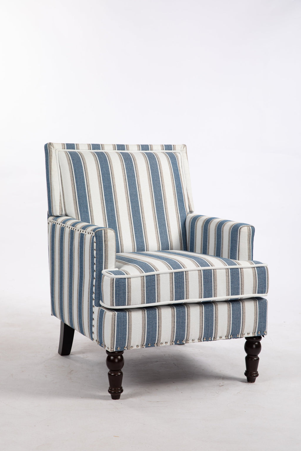 Accent Chair Vintage Striped Linen Blue White Nailhead Solid Wood Legs