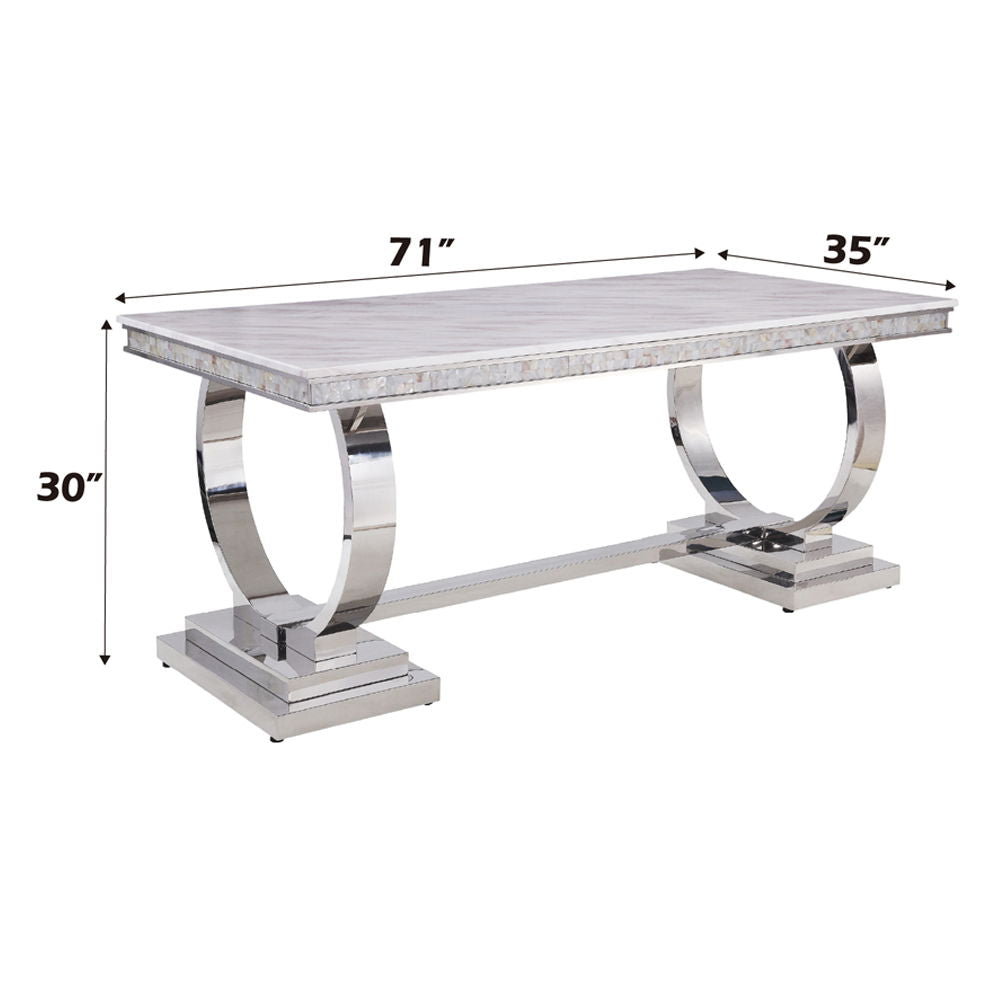 Zander - Dining Table - White Printed Faux Marble Top & Mirrored Silver