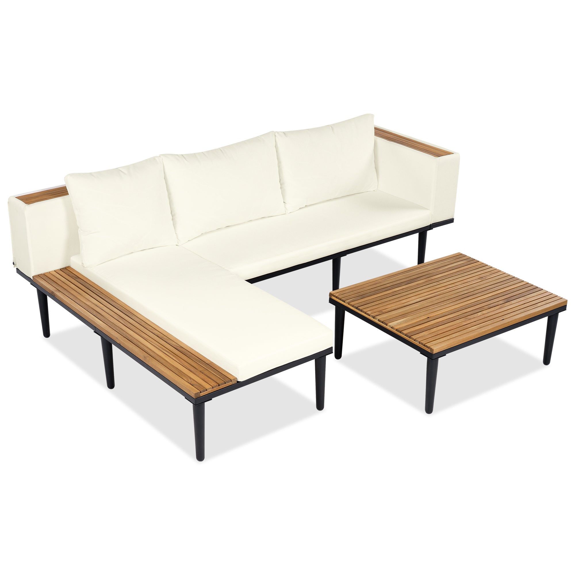Outdoor Patio Set Acacia Wood Iron Beige L-Shape Seats 6 396 LB
