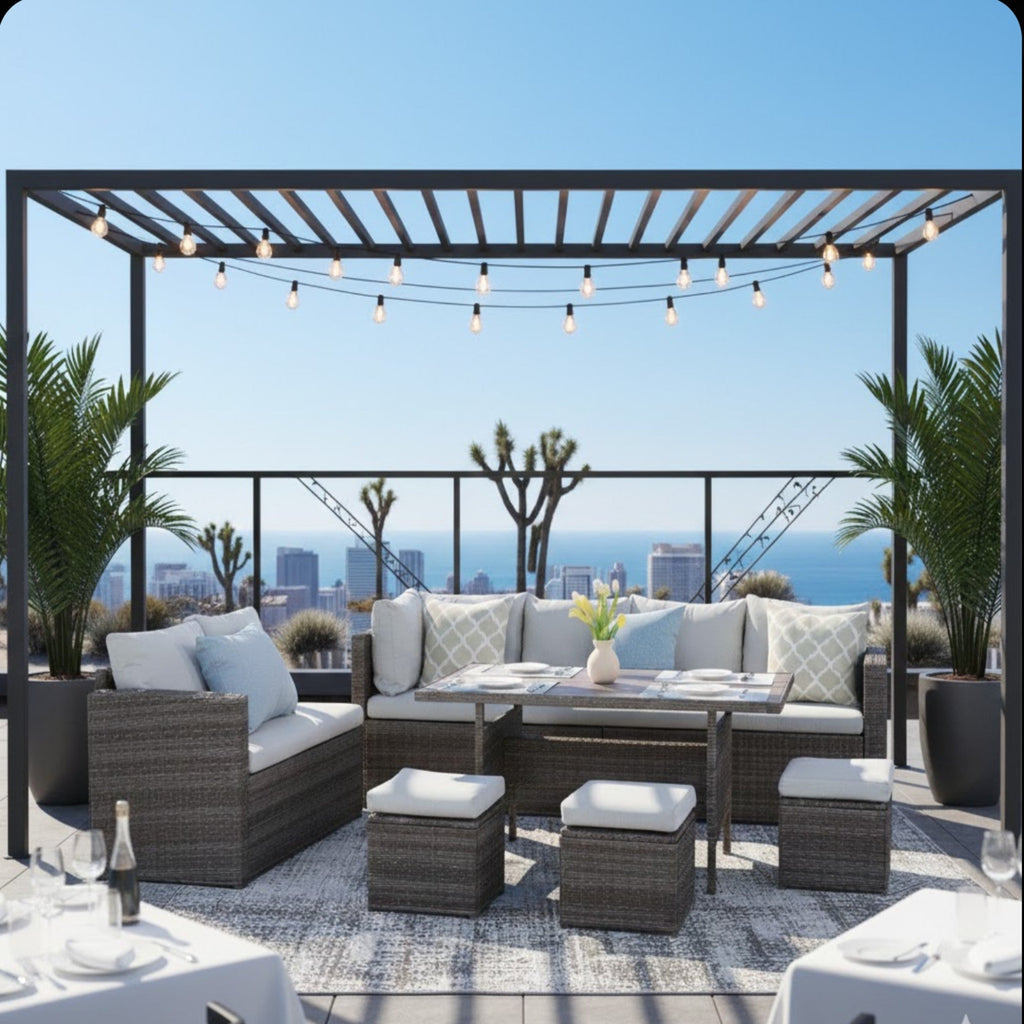 Outdoor Sectional Set PE Rattan Steel Gray Cushion 7 Piece Seats 8