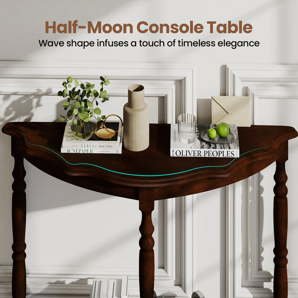 42 Inch Half Moon Console Table with Shelf and Rubber Wood Legs-Espresso