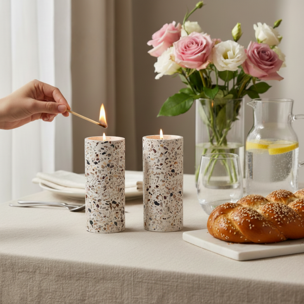 Set of terrazzo candleholder for Shabbat with matching tray - Stone Glow Series