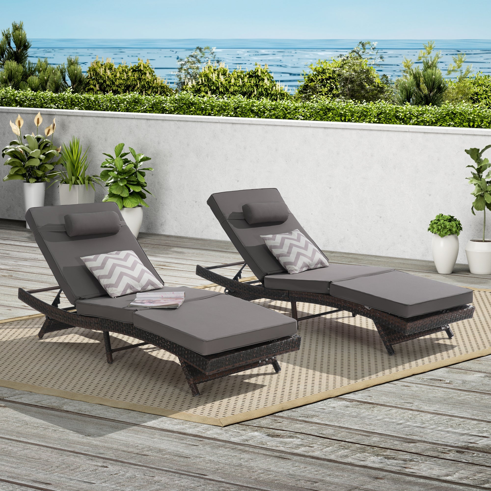 Outdoor Reclining Lounge Chair PE Rattan Dark Gray Set of 2