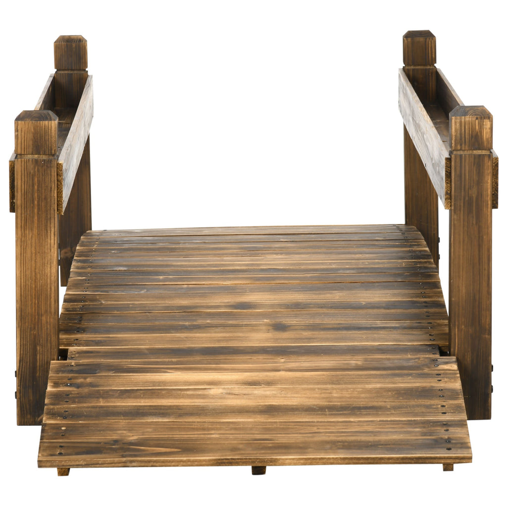 7.5 Wooden Garden Bridge with Planters, Stained Finish Arc Footbridge with Safety Railings for Backyard, Pond Stream, Stained Wood