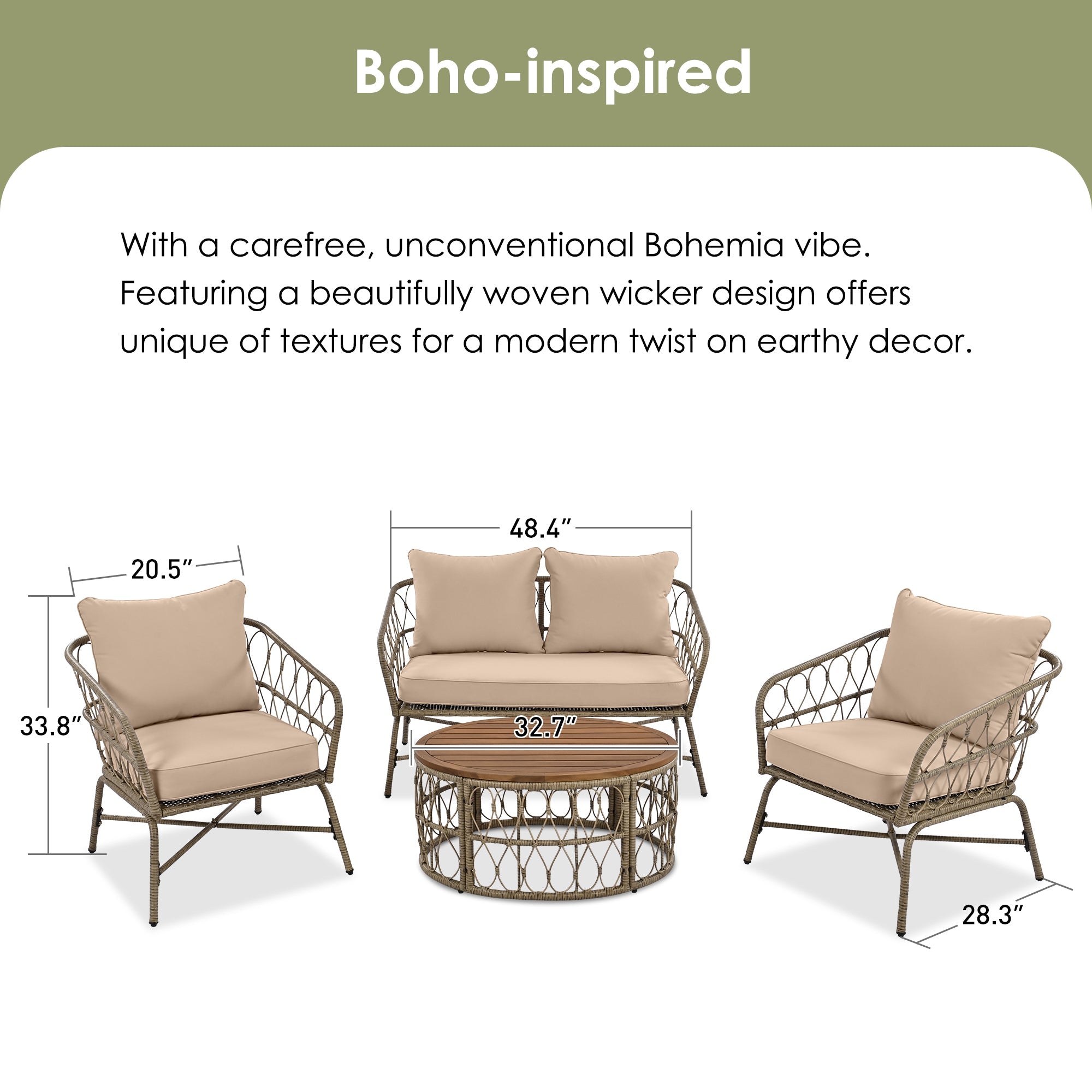 Outdoor Patio Set Wicker Boho Beige Cushion Oval Acacia Table 4 Piece