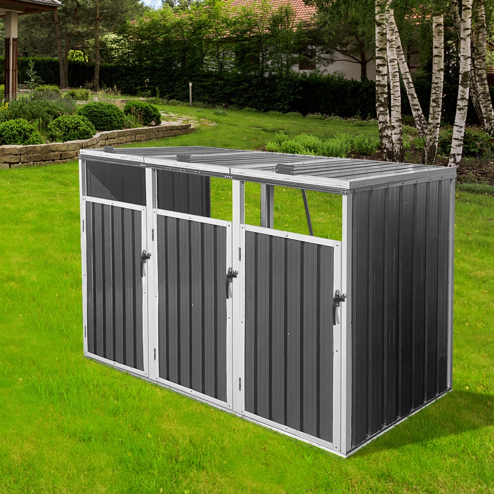 Outdoor Trash Can Shed Galvanized Steel 3 Bin