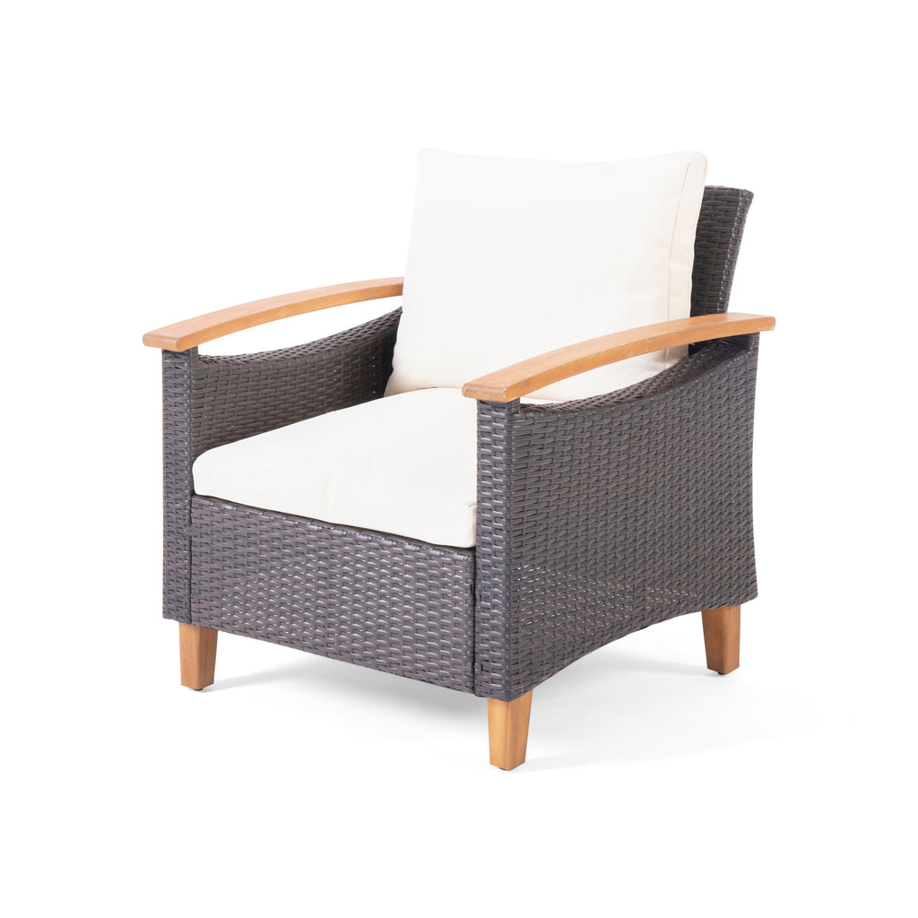 Outdoor Patio Set PE Rattan Acacia Wood Teak Cushions 4 Piece