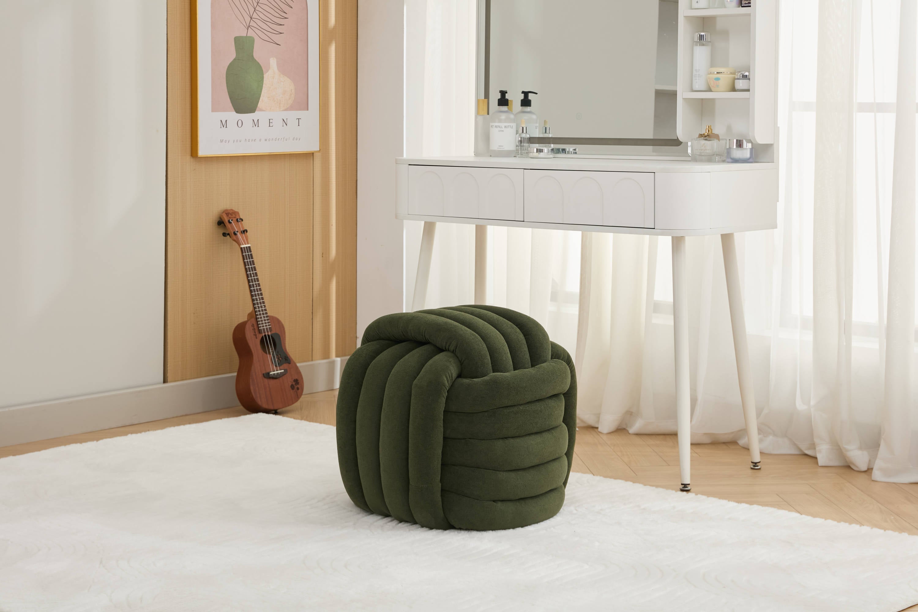 Chenille Knot Design Ottoman Makeup Stool Footstool, Green