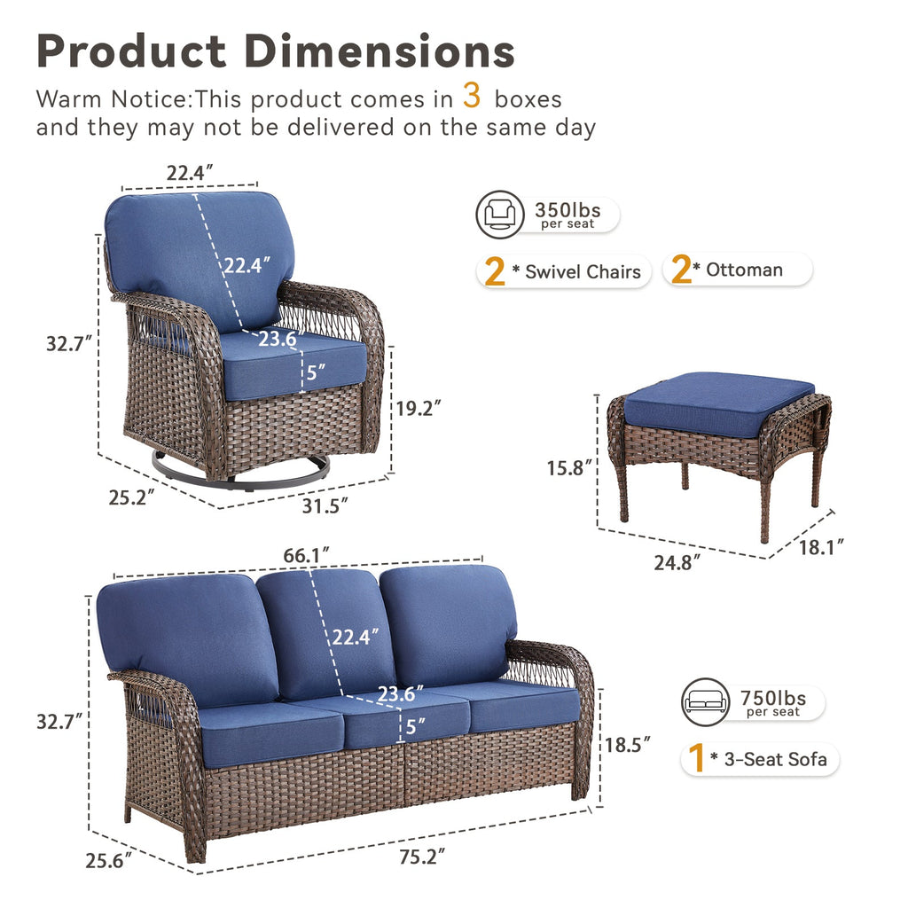 Outdoor Patio Set PE Rattan Blue 5 Piece T-Back Swivel High Back Chairs