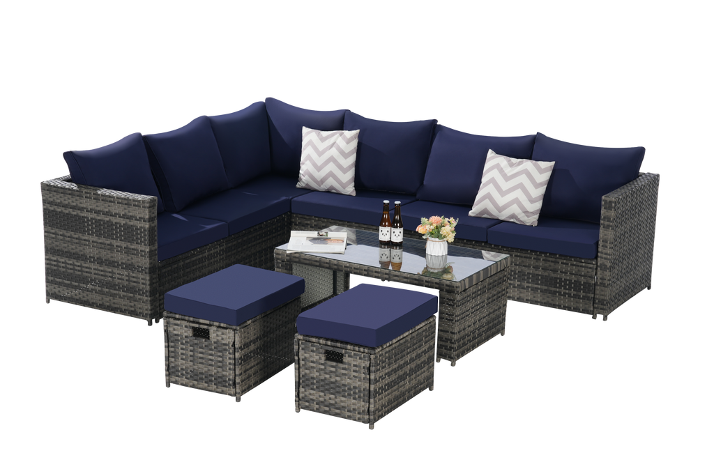 Outdoor Patio Rattan Set 6 Piece Seats 8 Dark Blue
