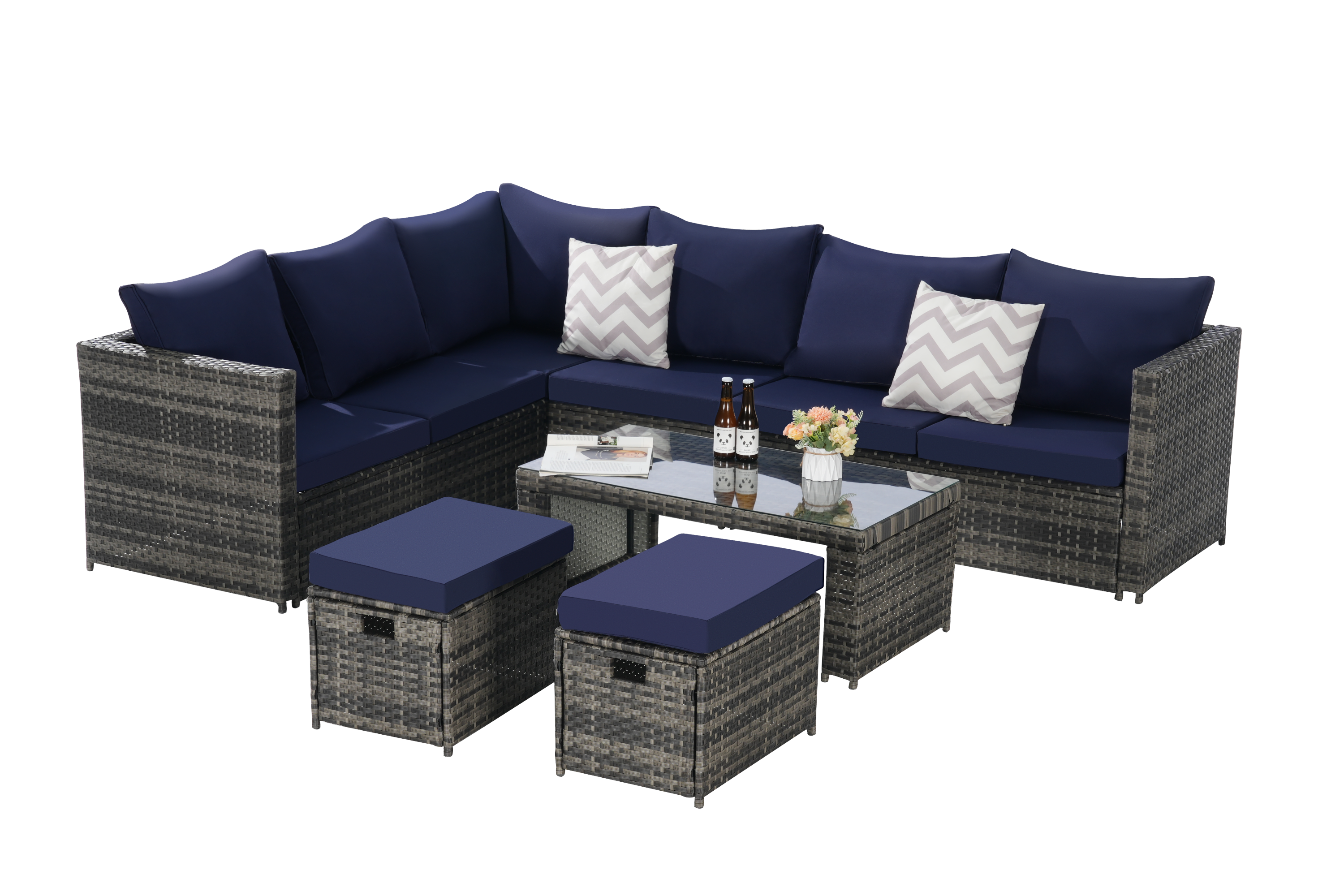 Outdoor Patio Rattan Set 6 Piece Seats 8 Dark Blue