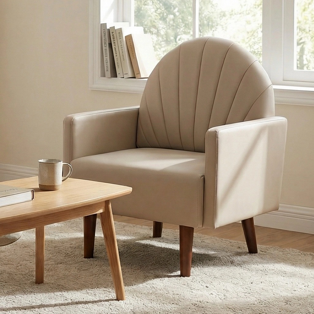 Accent Chair Shell-Shape PU Leather Khaki Solid Wood Legs Easy Assembly