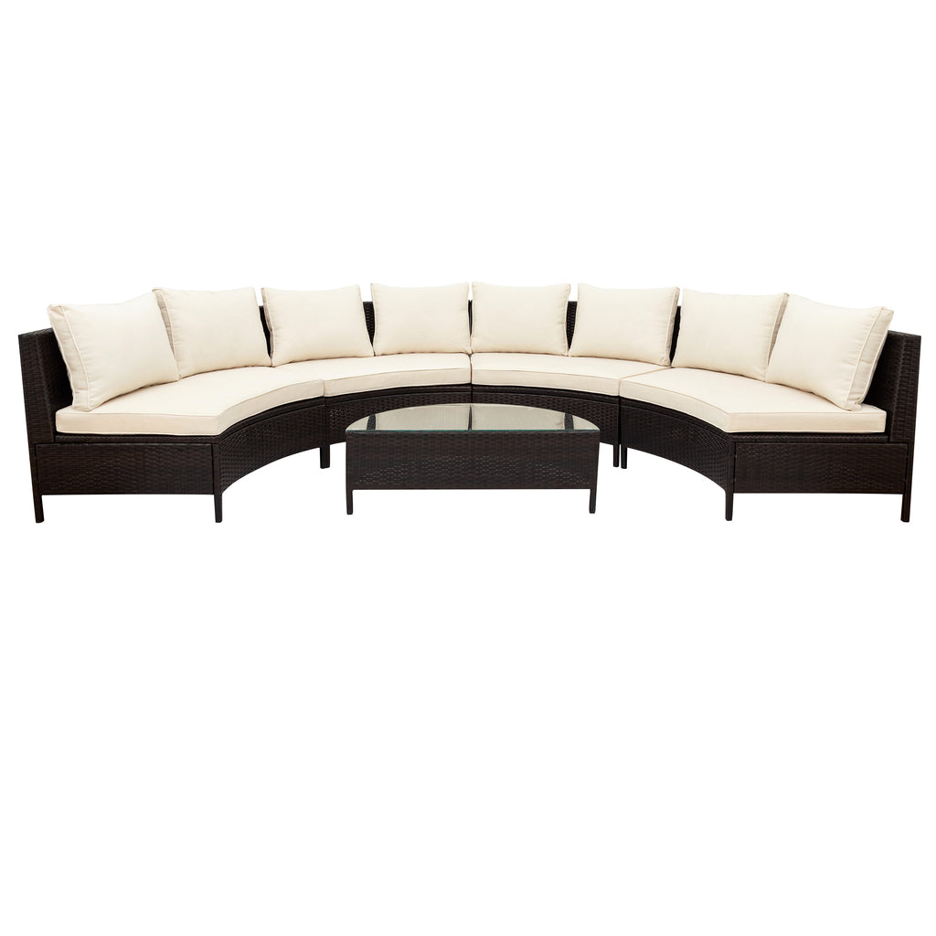 Outdoor Patio Set Half Moon PE Rattan Steel Beige 5 Piece Tempered Glass