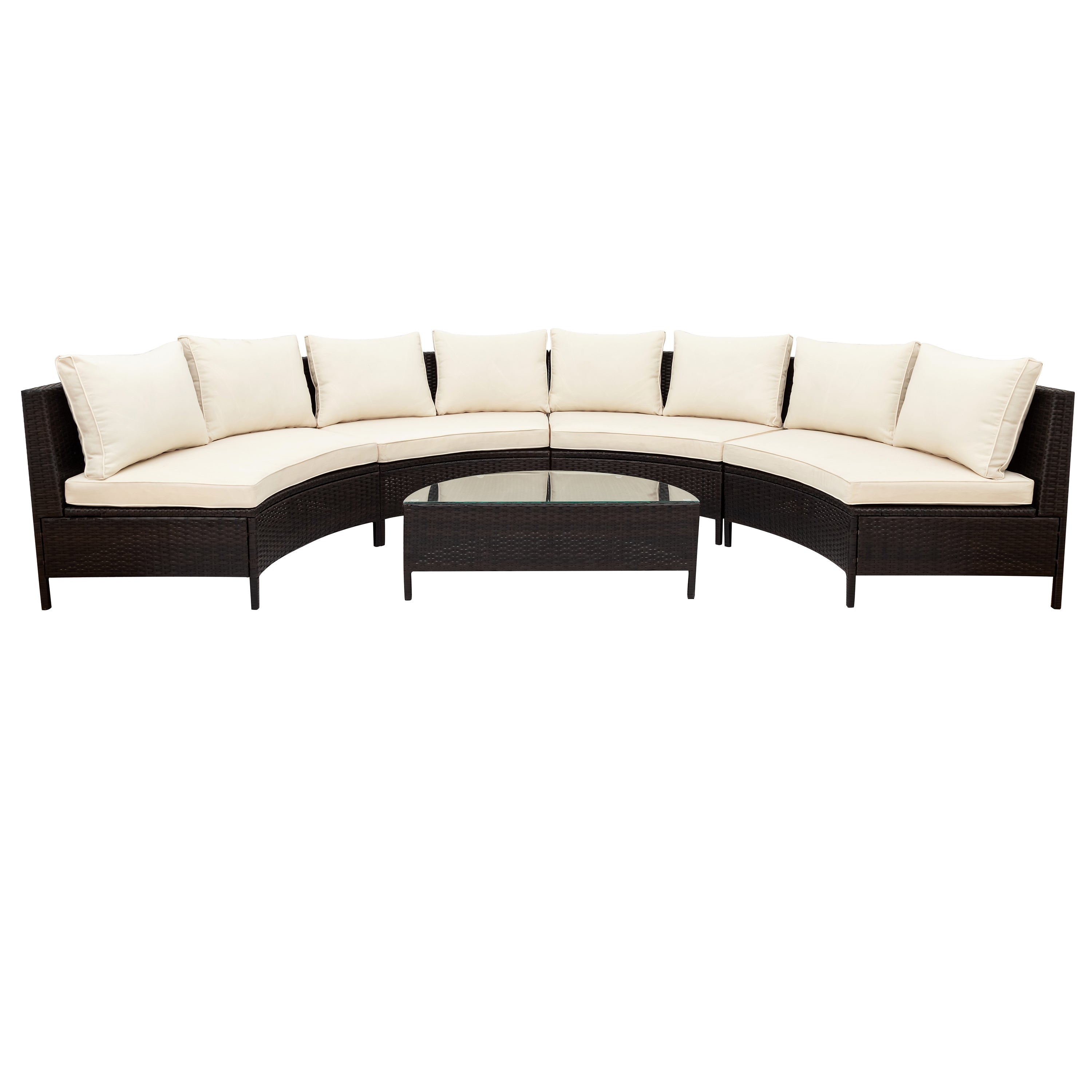 Outdoor Patio Set Half Moon PE Rattan Steel Beige 5 Piece Tempered Glass