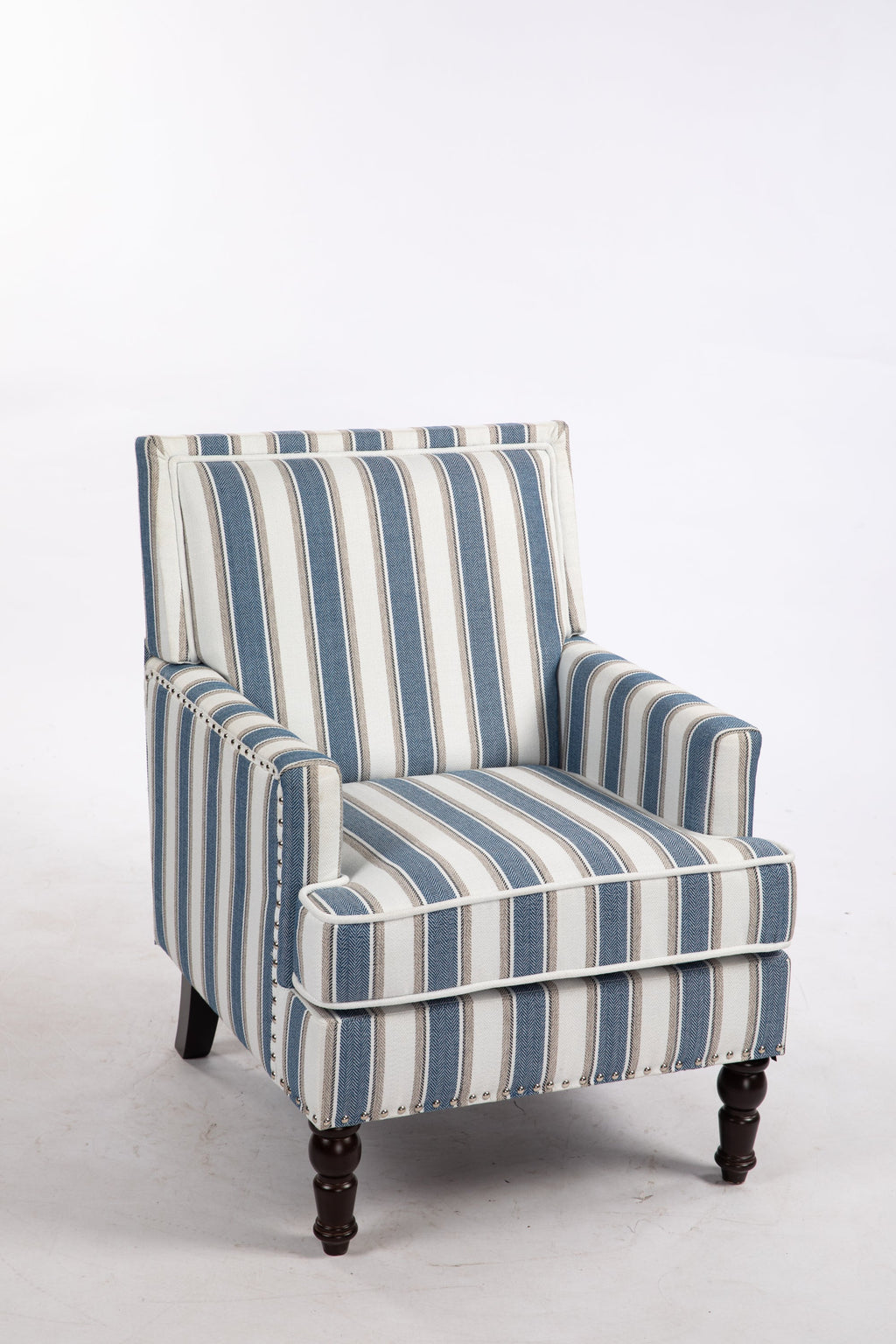 Accent Chair Vintage Striped Linen Blue White Nailhead Solid Wood Legs