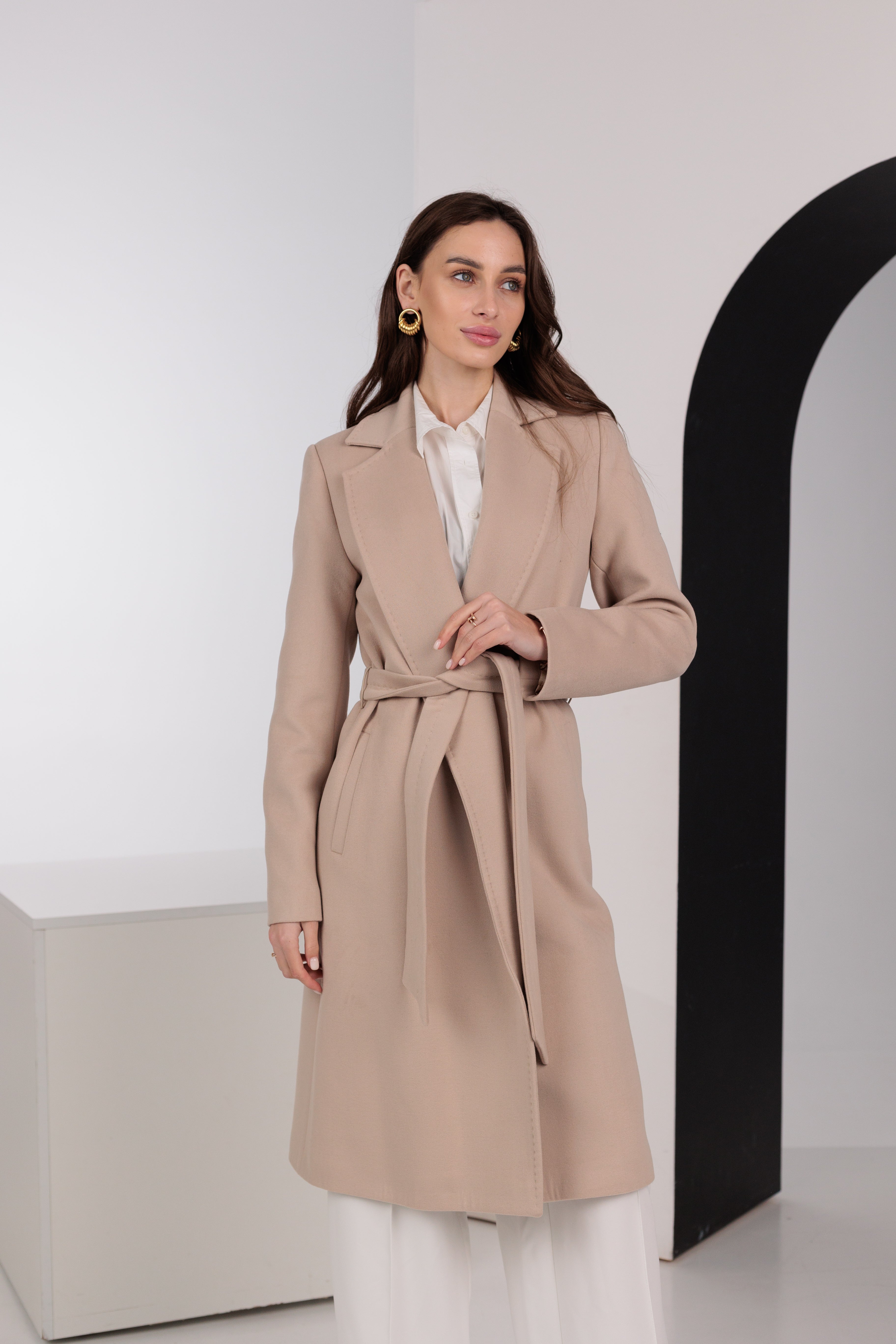 Geneva Classic Wraparound Wool Blend Overcoat in Beige