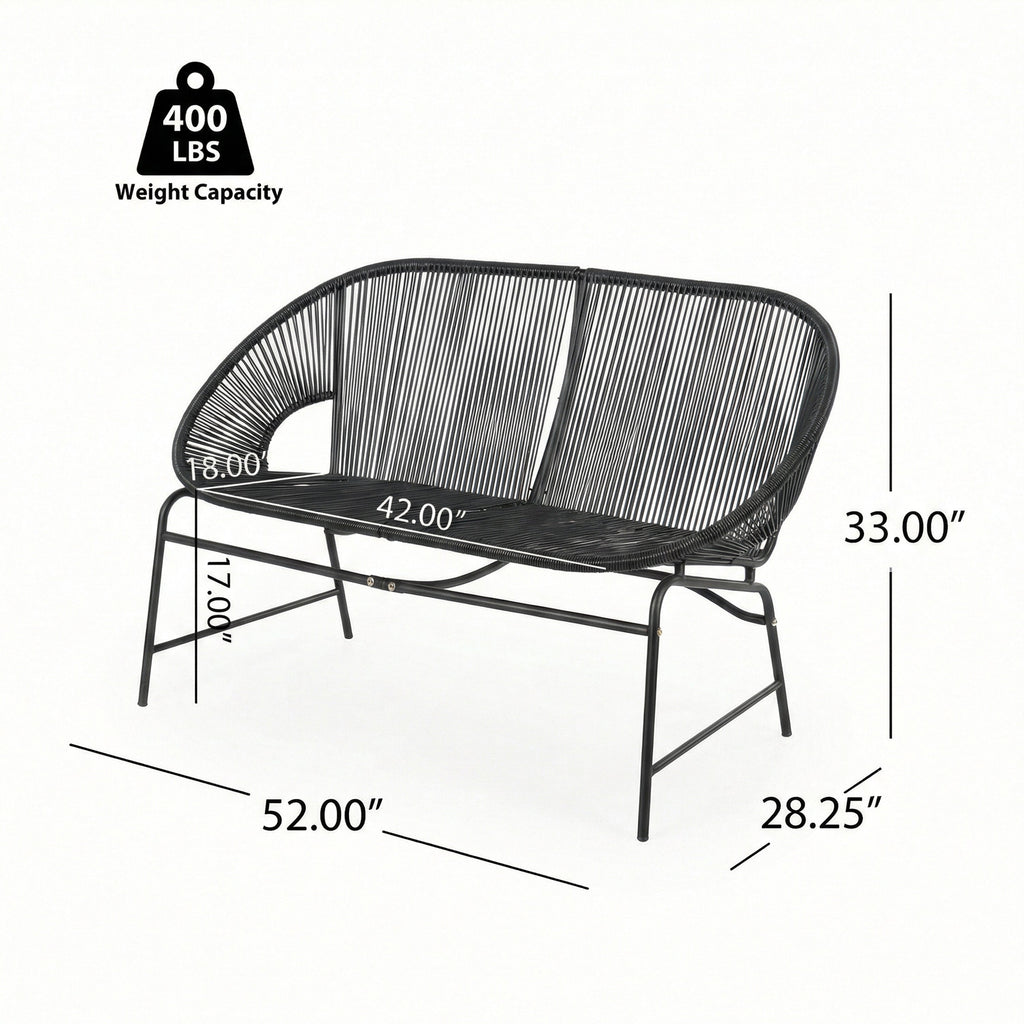 Outdoor Loveseat PE Rattan Iron Black UV Resistant No Cushion 52in