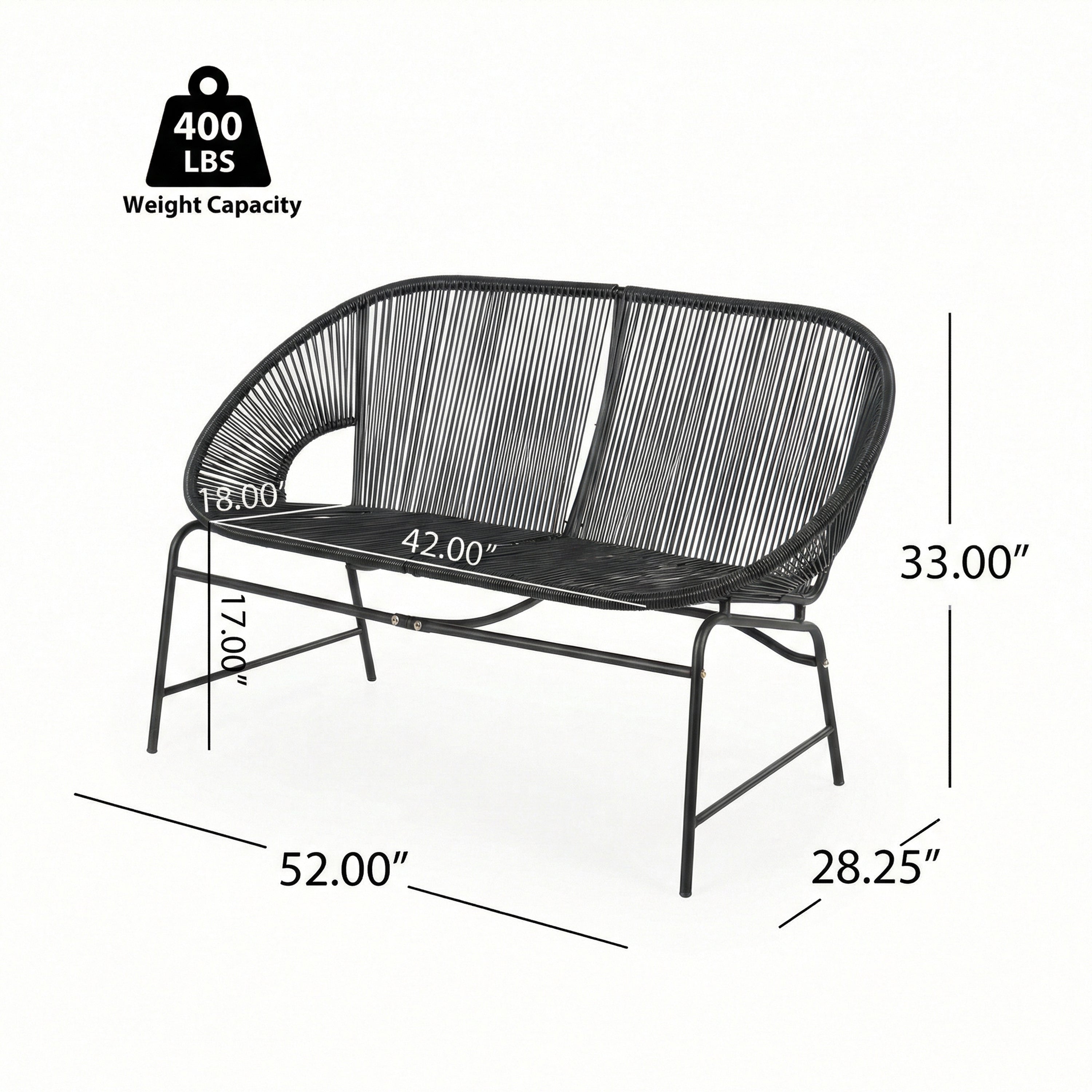 Outdoor Loveseat PE Rattan Iron Black UV Resistant No Cushion 52in