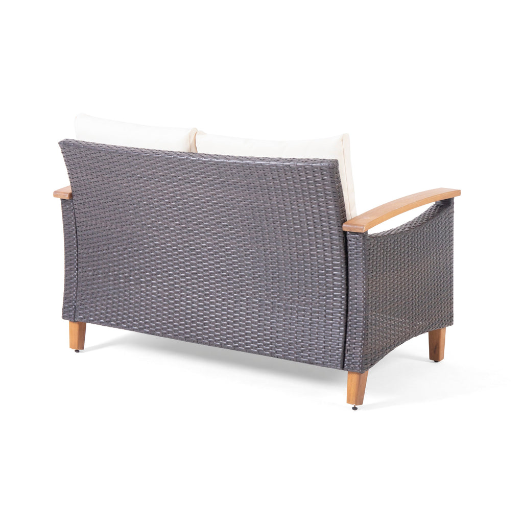 Outdoor Patio Set PE Rattan Acacia Wood Teak Cushions 4 Piece