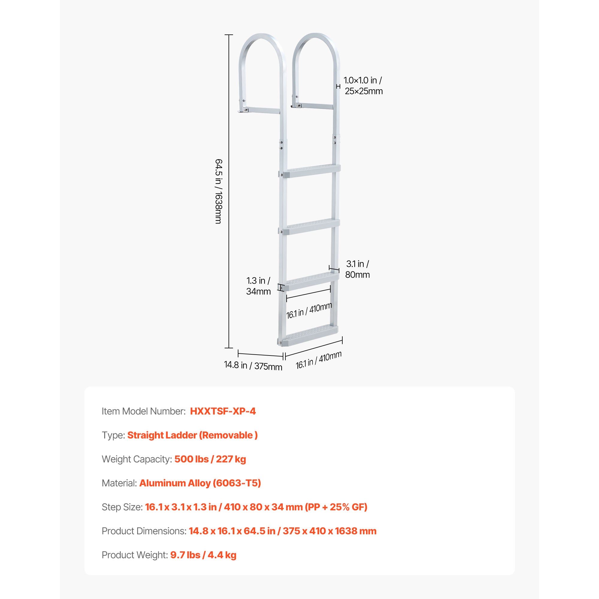 Removable Dock Ladder, 4 Steps, Aluminum Alloy Pontoon Boat Swim Ladder