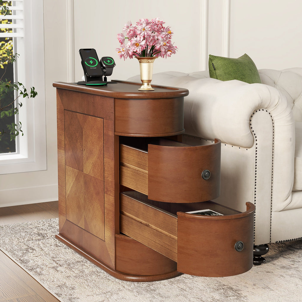 End Table Charging Station 2 AC 2 USB Ports 2 Drawers Arc Design Walnut 23.6 In