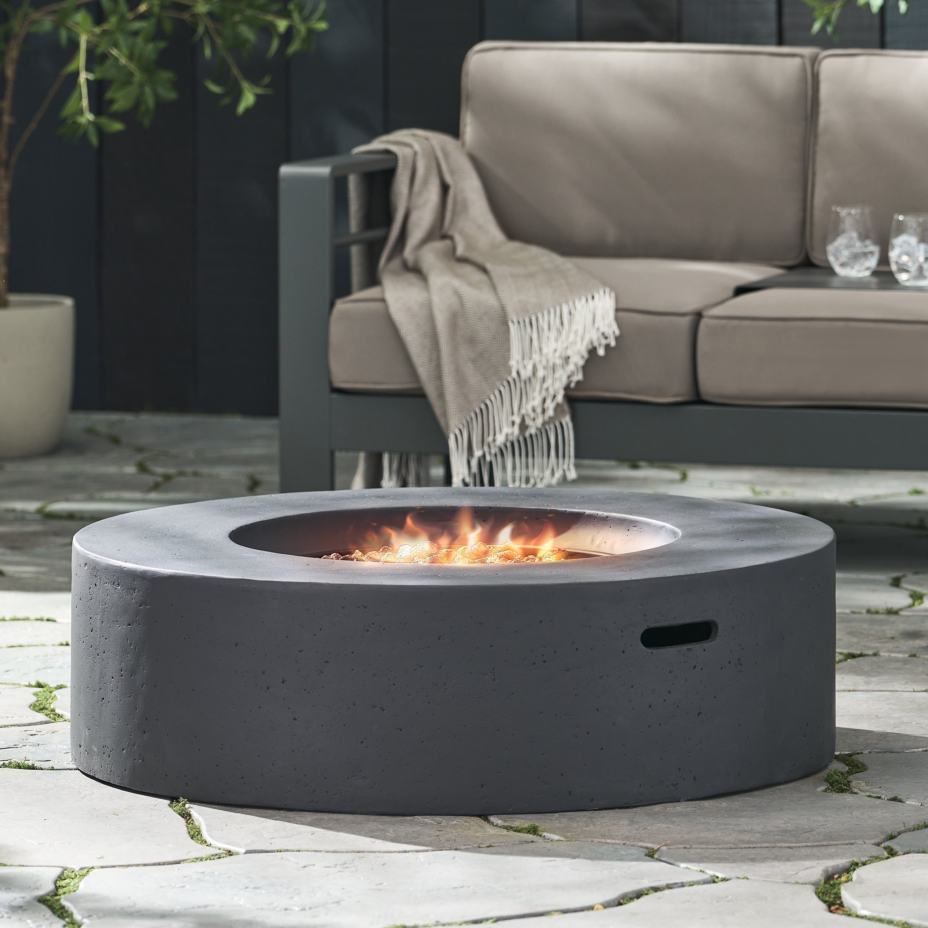 Modern Lightweight Concrete Circular Fire Pit 50000 BTU, Dark Gray